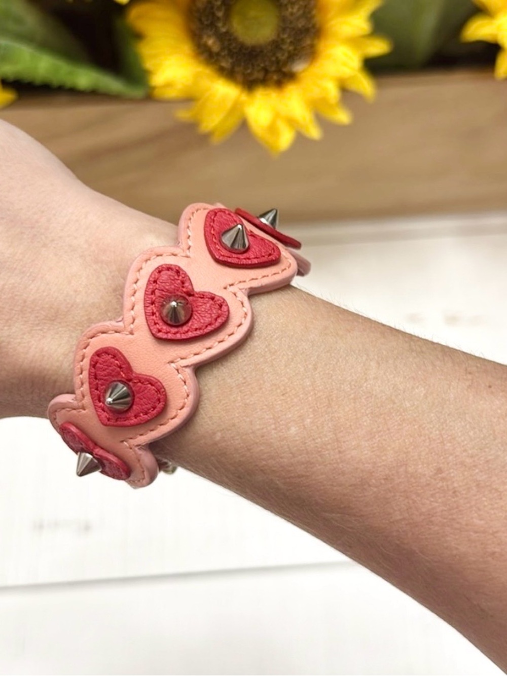 Fendi Pink Studded Heart Leather Bracelet